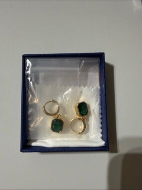 Gold -Tone Hoop Earrings with Emerald Green Hex Gem - not opened 2 boxes